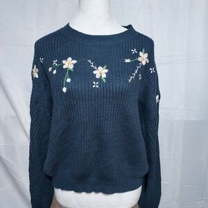ROMWE Navy Floral Embroidered Sweater